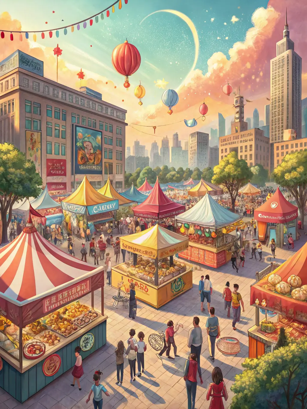 A vibrant image of a local cultural festival organized by COMITE-FETES, featuring traditional music, dance, and food stalls, capturing the lively atmosphere and community spirit.