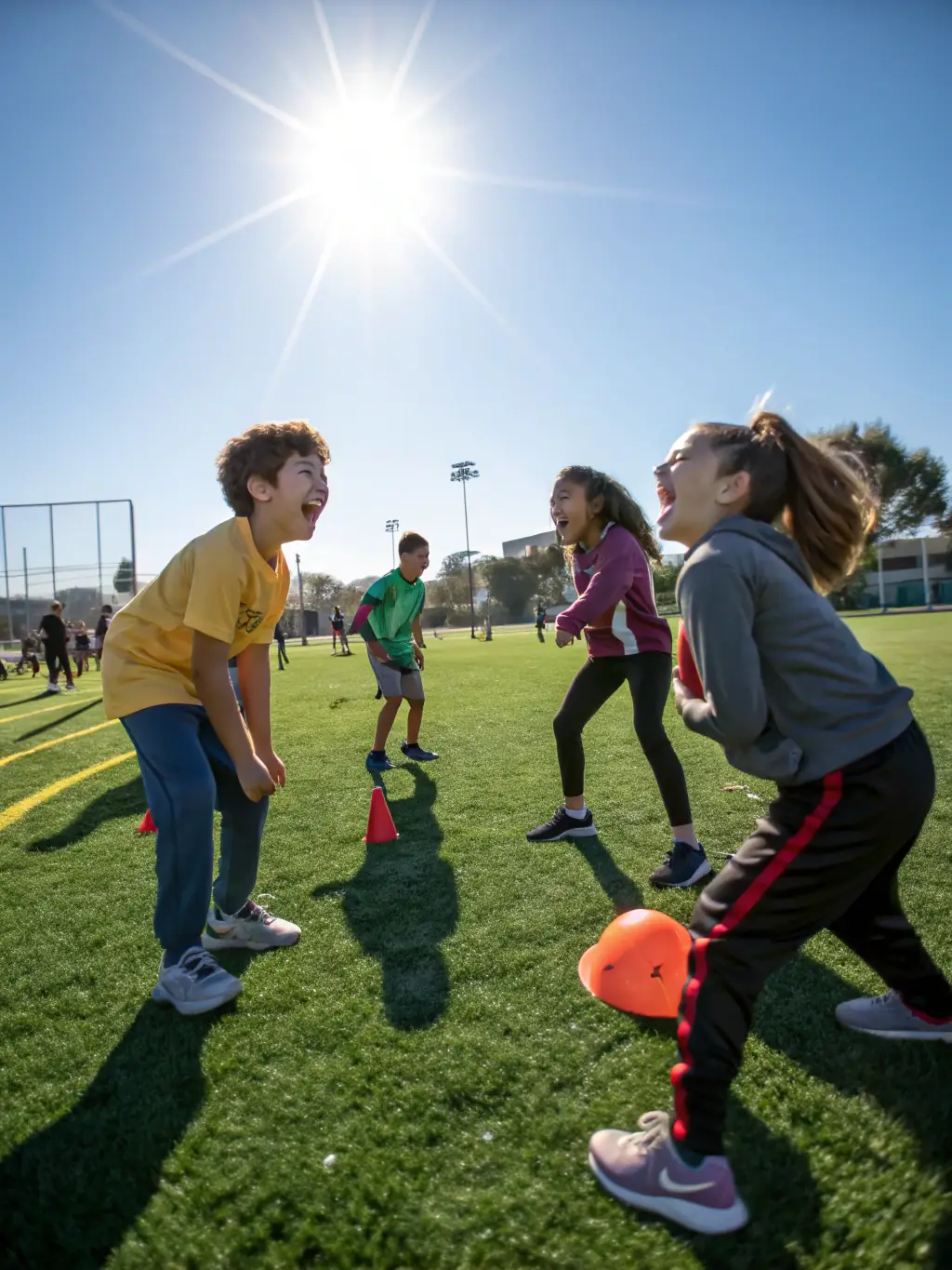 A photograph of a sports day organized by COMITE-FETES, with children and adults participating in outdoor games and activities, promoting active lifestyles and social cohesion.